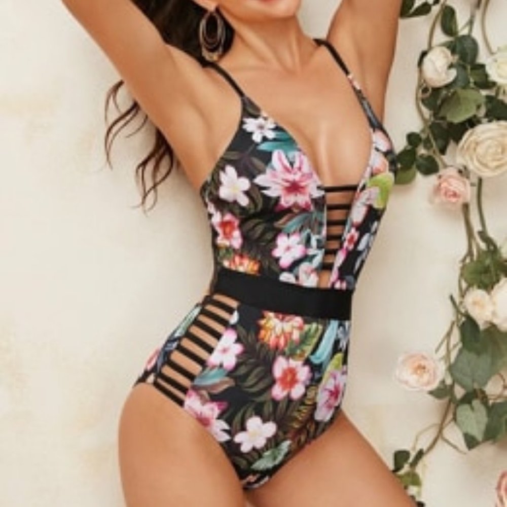 Floral Random Print Ladder Cut-out One Piece Swims